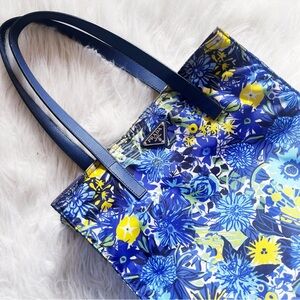 Prada Tessuto Stampato Nylon Blue Floral Tote Bag w Saffiano Leather Handles